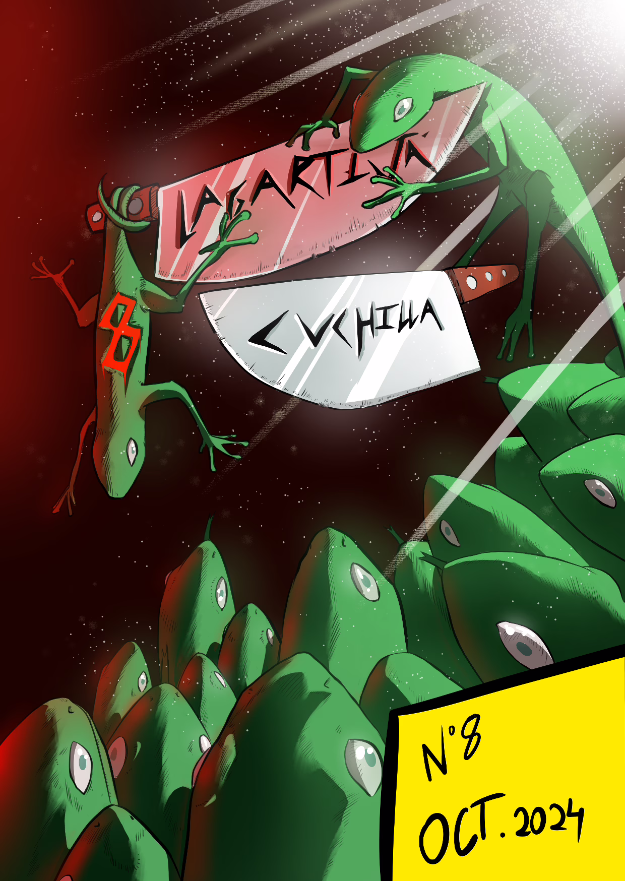 Portada de este número. Es un dibujo. En el inferior de la imagen varias lagartijas están mirando hacia la parte superior. En la parte superior, hay dos lagartijas cogiendo dos cuchillos, en un cuchillo en el hierro pone Lagartija. En el otro, "Cuchilla".
el Sol se asoma en la parte superior derecha.