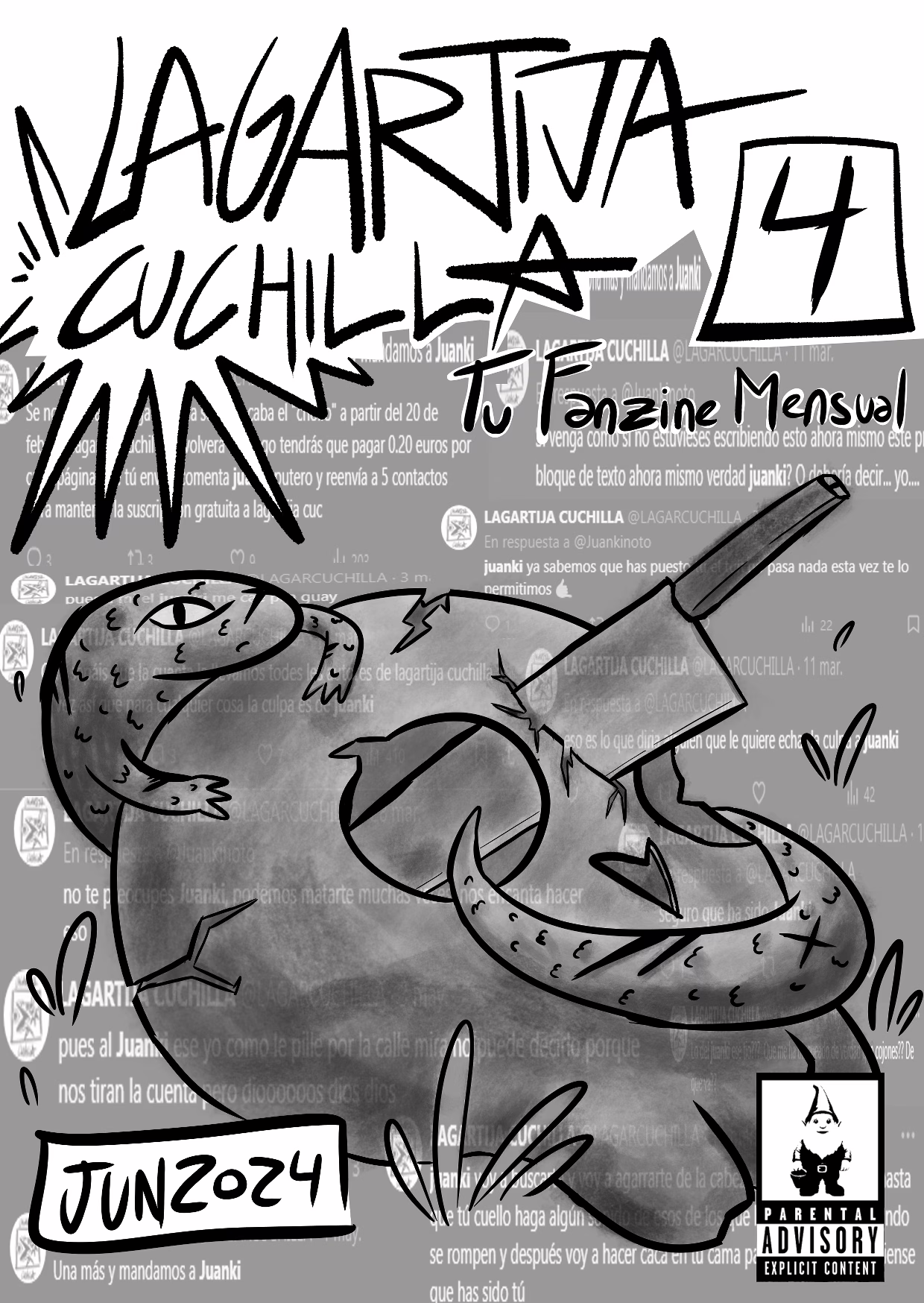 Portada del cuarto número, en el aparece dibujada una lagartija asomandose desde una calavera humanoide, en el que le atraviesa el craneo un cuchillo.