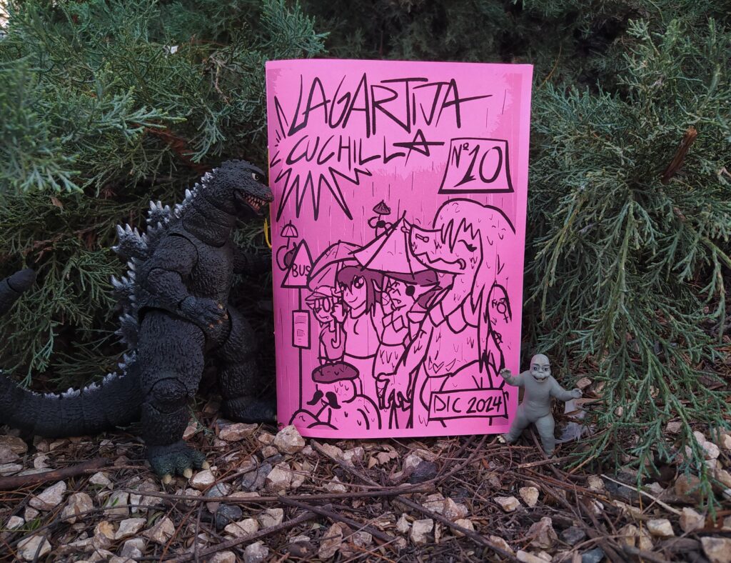 Fotografía de lanzamiento del décimo número. en él aparece un godzilla a la izquierda y un minilla a la derecha. en el fondo hay árboles y el suelo esta lleno de piedras pequeñas y ramas. El fanzine está en el centro, de color rosa.