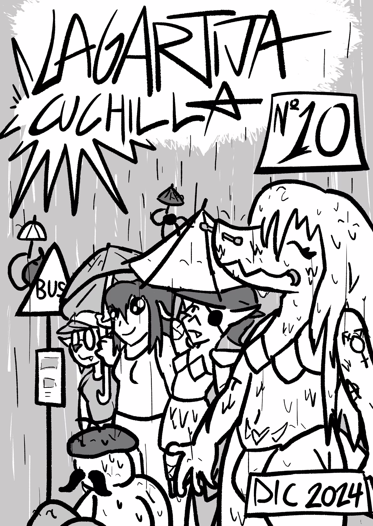 Portada del décimo número. Es un dibujo en el que aparecen numerosos personajes de Lagartija Cuchilla esperando en una parada de autobus bajo la lluvia.