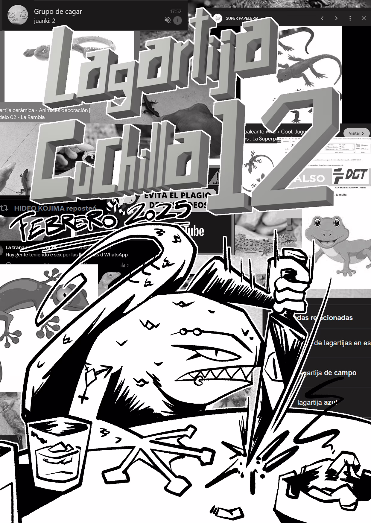 Portada del duodécimo número.
El logo de texto de Lagartija Cuchilla está en 3 dimensiones.
aparece en la parte inferior un dibujo de una lagartija cabreada pinchando la mesa con fuerza con un cuchillo.
hay un cenicero lleno de colillas y un vaso con hielo y una bebida.