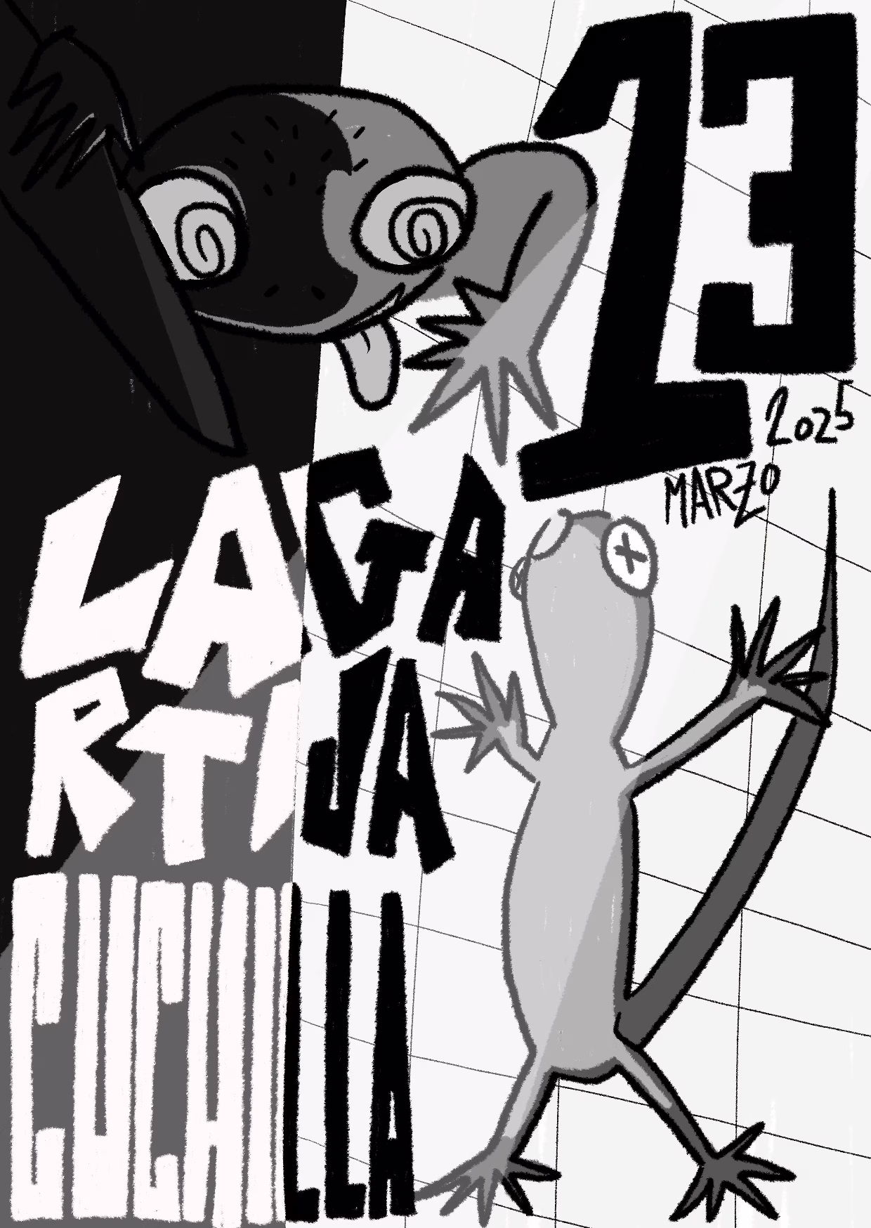 Portada del decimotercer número, referencia a la película de culto Psicosis. Contiene dibujos de dos lagartijas, la superior izquierda está sacando la lengua y tiene una cuchilla en su mano, la otra lagartija está en la derecha inferior está pegada a un cristal que tiene los ojos en forma de equis. Hay unas letras estilizadas en las que se puede leer "Lagartija Cuchilla 13. Marzo 2025".