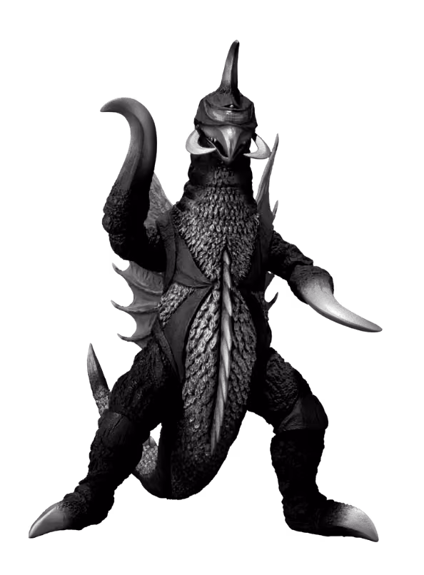 Figura de Gigan de la línea de Bandai S.H MonsterArts. La imagen está en blanco y negro