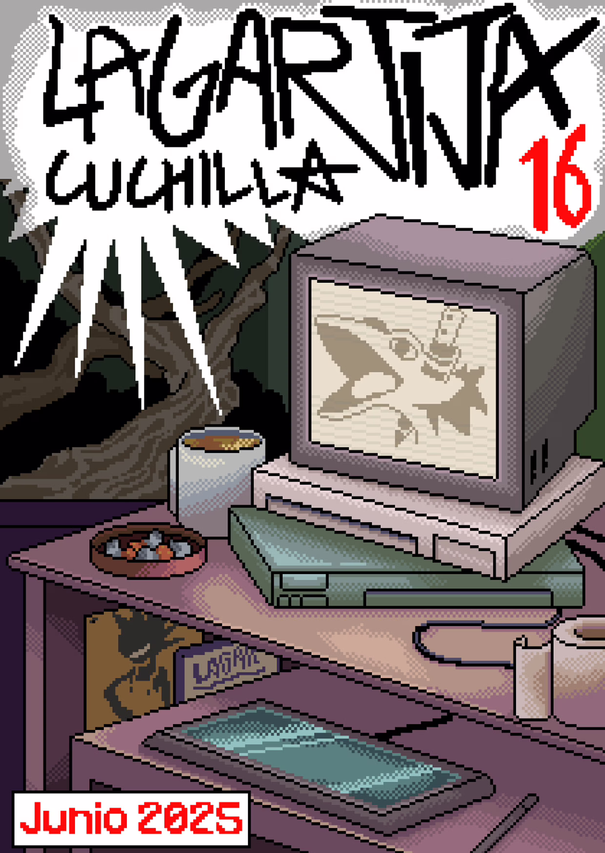 portada hecha íntegramente en arte de pixel incluido las letras y los logos.
a la derecha se puede ber un escritorio con un monitor CRT encendida con el logo de Lagartija Cuchilla. montado en una pila de aparatos.
El texto que pone es "Lagartija Cuchilla 16. Junio 2025".
