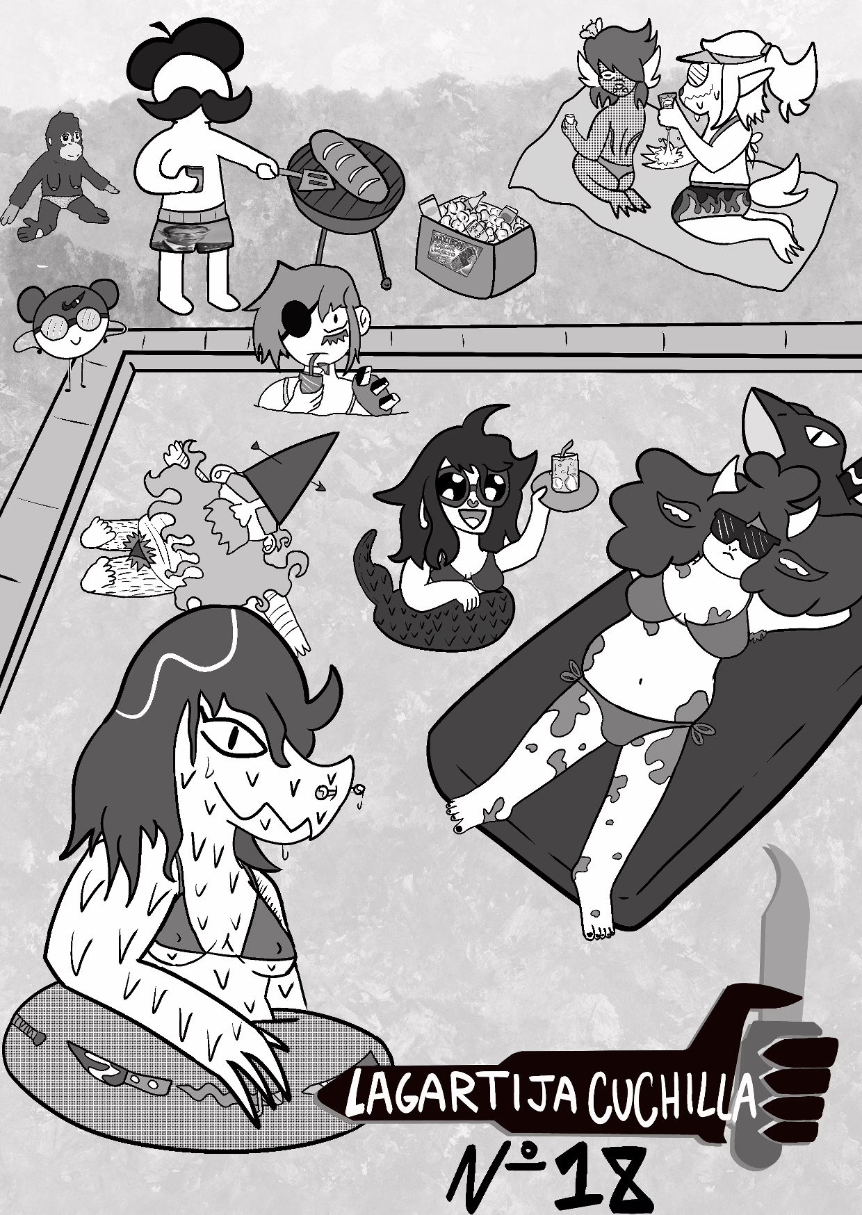 Portada del decimoctavo número, es un dibujo de los personajes que salen en lagartija cuchilla en una piscina.