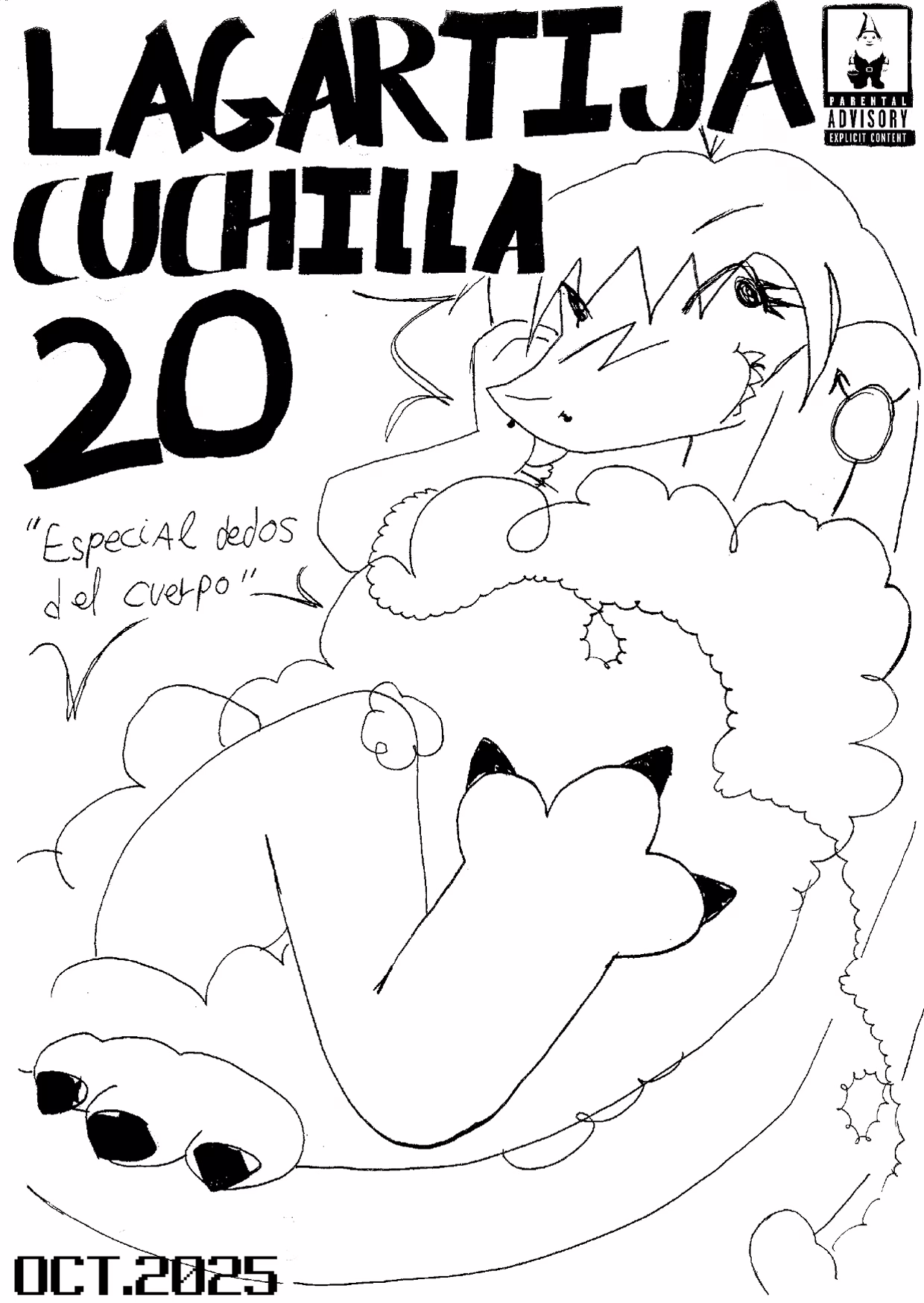 Portada del vigésimo número. es un dibujo de una Lagartija humanoide en un baño, enseñando sus pies.
En la portada pone: Lagartija Cuchilla número 20: "Especial dedos del cuerpo".