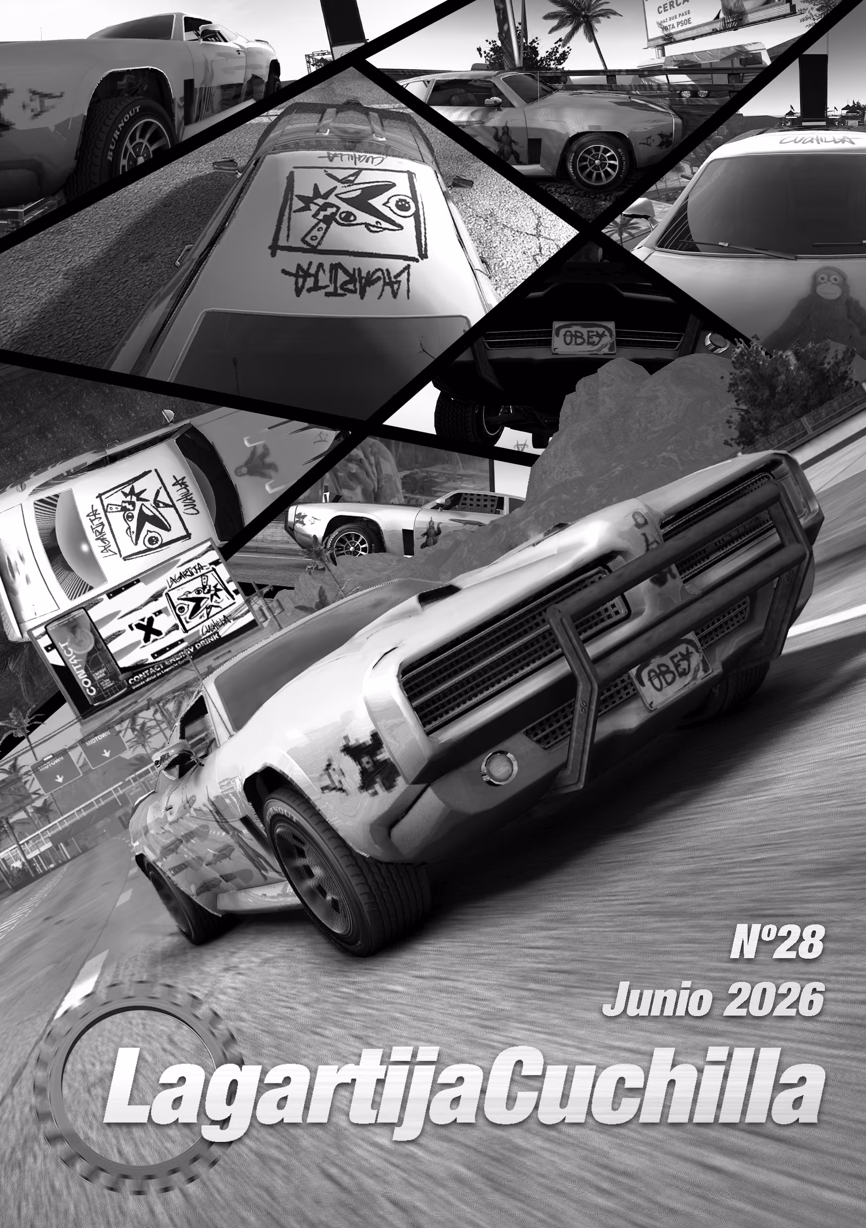 Portada en el que aparece el primer coche del videojuego de Burnout Paradise altamente modificado con los patrones y vinilos de Lagartija Cuchilla, en la matrícula aparece la cara de Pedro Sánchez con la cara estirada y un texto en el que pone "Obey", corriendo por las calles de Paradise City.
En la parte superior aparece el patrocinio falso de Lagartija Cuchilla y Contact. También un colaje con fotografías del coche en diferentes ángulos y perspectivas.
En la parte inferior de la portada aparece el logo de Lagartija Cuchilla con un engranaje al principio, parodiando al logo de Top Gear. seguido del mes y el número de este fanzine.