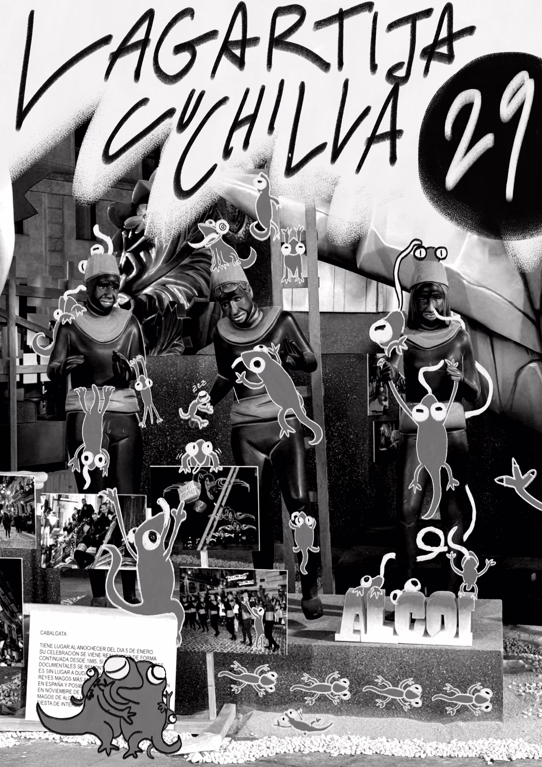Portada del número vigesimonoveno. En el que hay una fotografía de la hoguera de San Juan de Alicante que representa el famoso y tradicional fiesta de hacer blackface en Alcoi. También se encuentran dibujadas múltiples Lagartijas superpuestas interactuando con la hoguera.